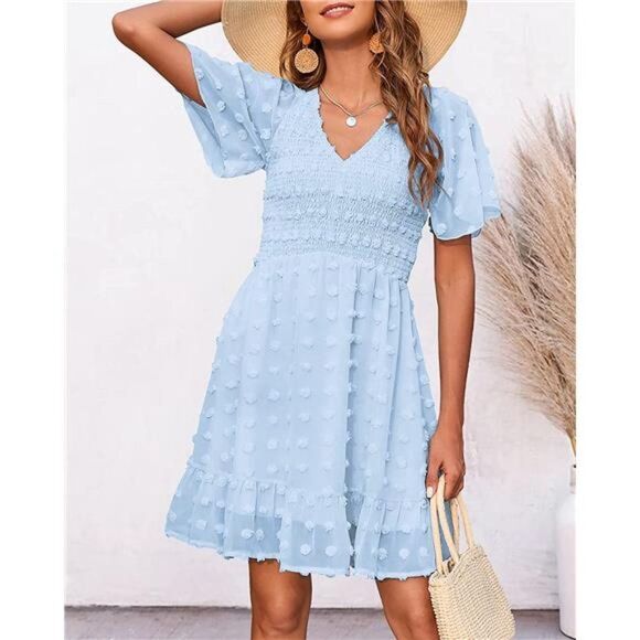 Womens V Neck Smocked Short Sleeve Casual Dress Swiss Dot Swing